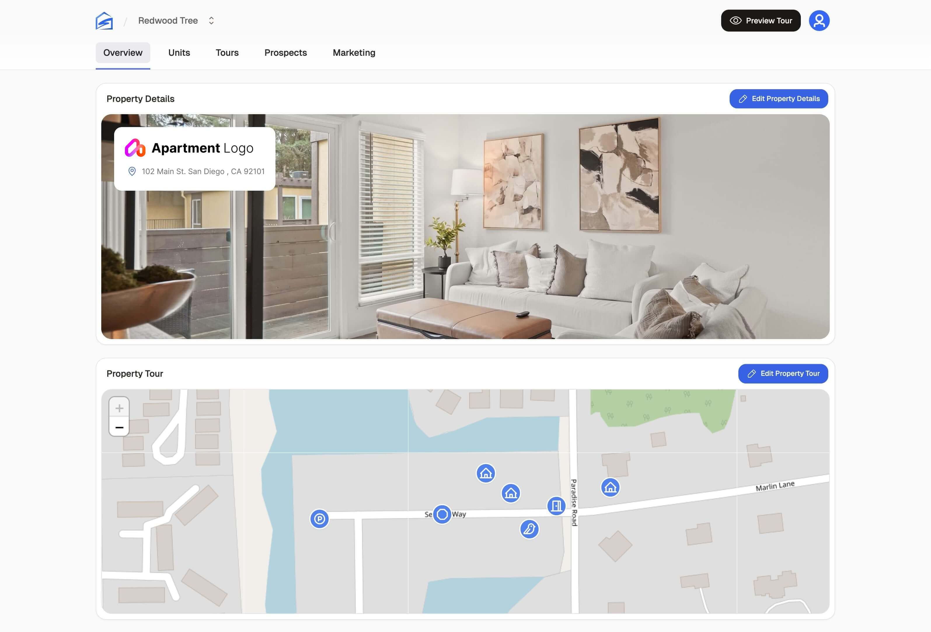 MySmartTour dashboard showing property tour tools